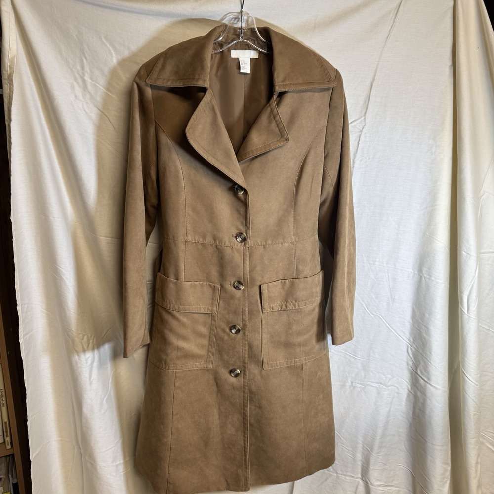 H&M Tan Faux Suede Mid-Length Overcoat Coat Lined Button Front Pockets Size 12